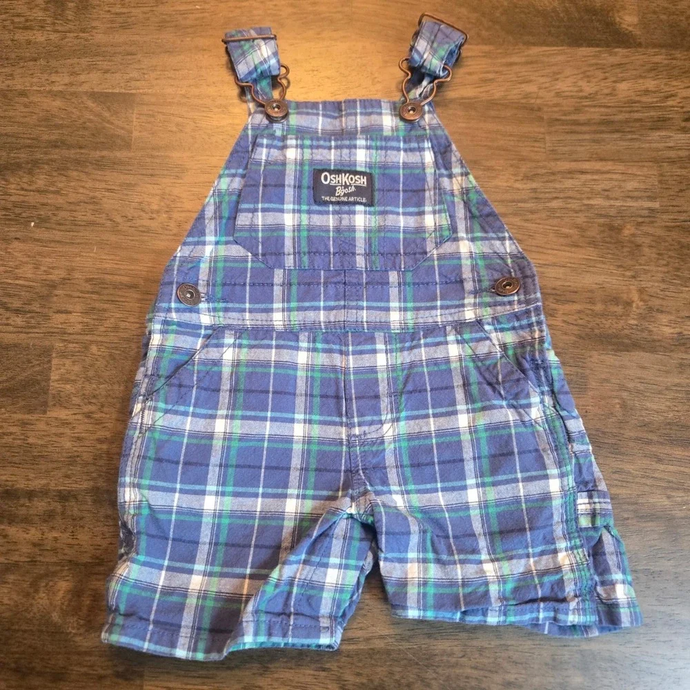 OshKosh B'gosh Baby Boy 6 Months Blue Green Plaid Vestbak Cotton Shortalls